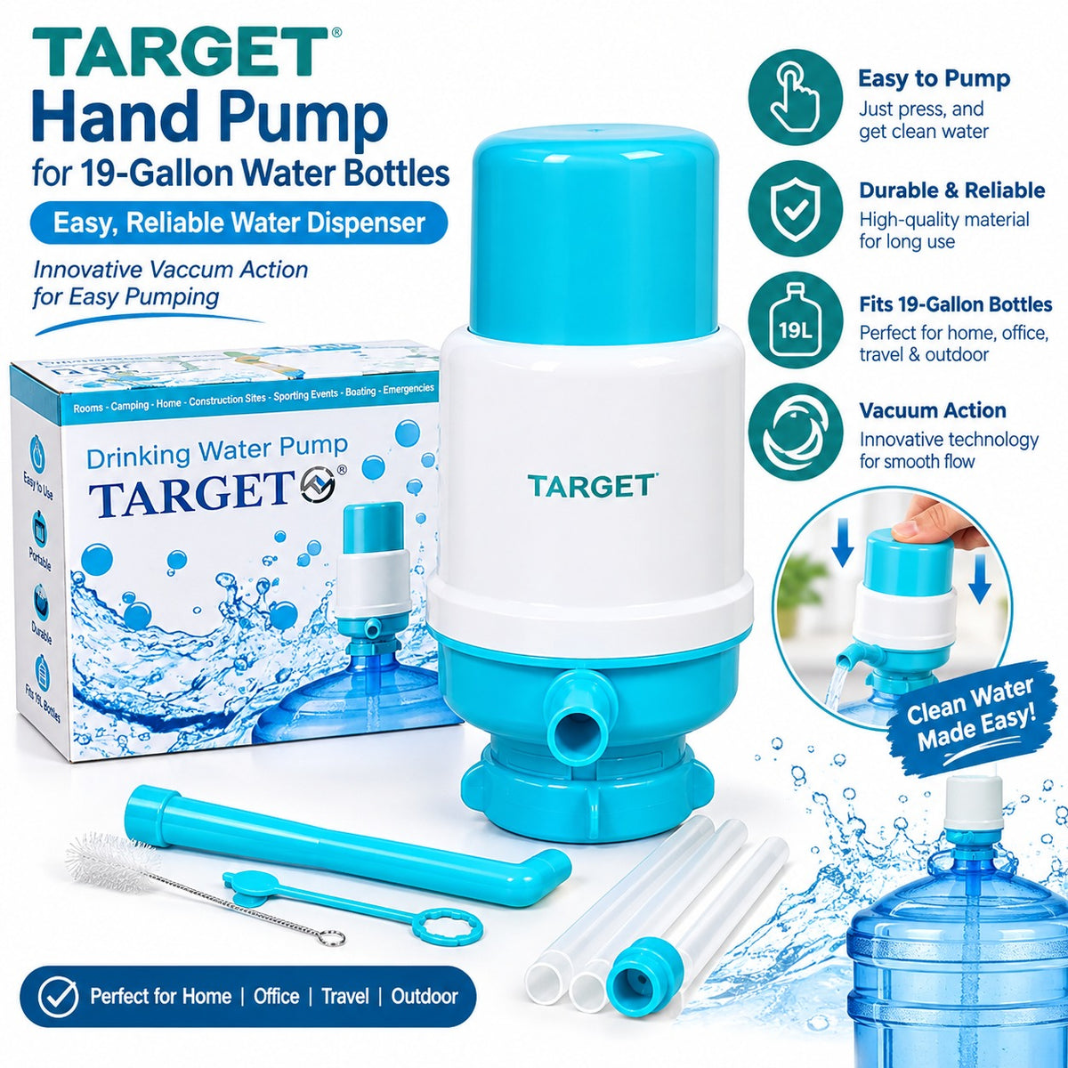 Manual Water Bottle Pump Dispenser for 19-Gallon Bottles | Easy Press Water Pump